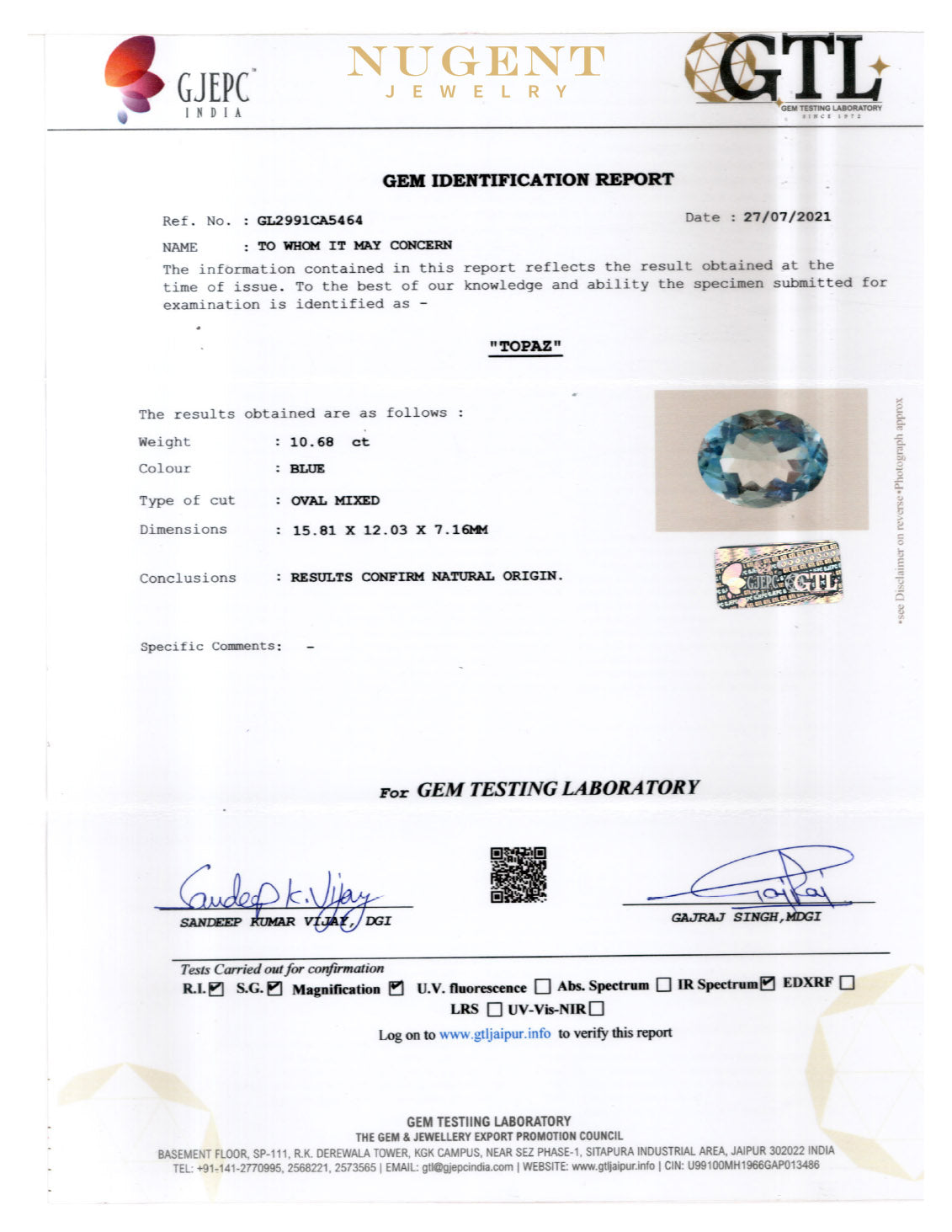 BLUE TOPAZ STONE CERTIFICATION