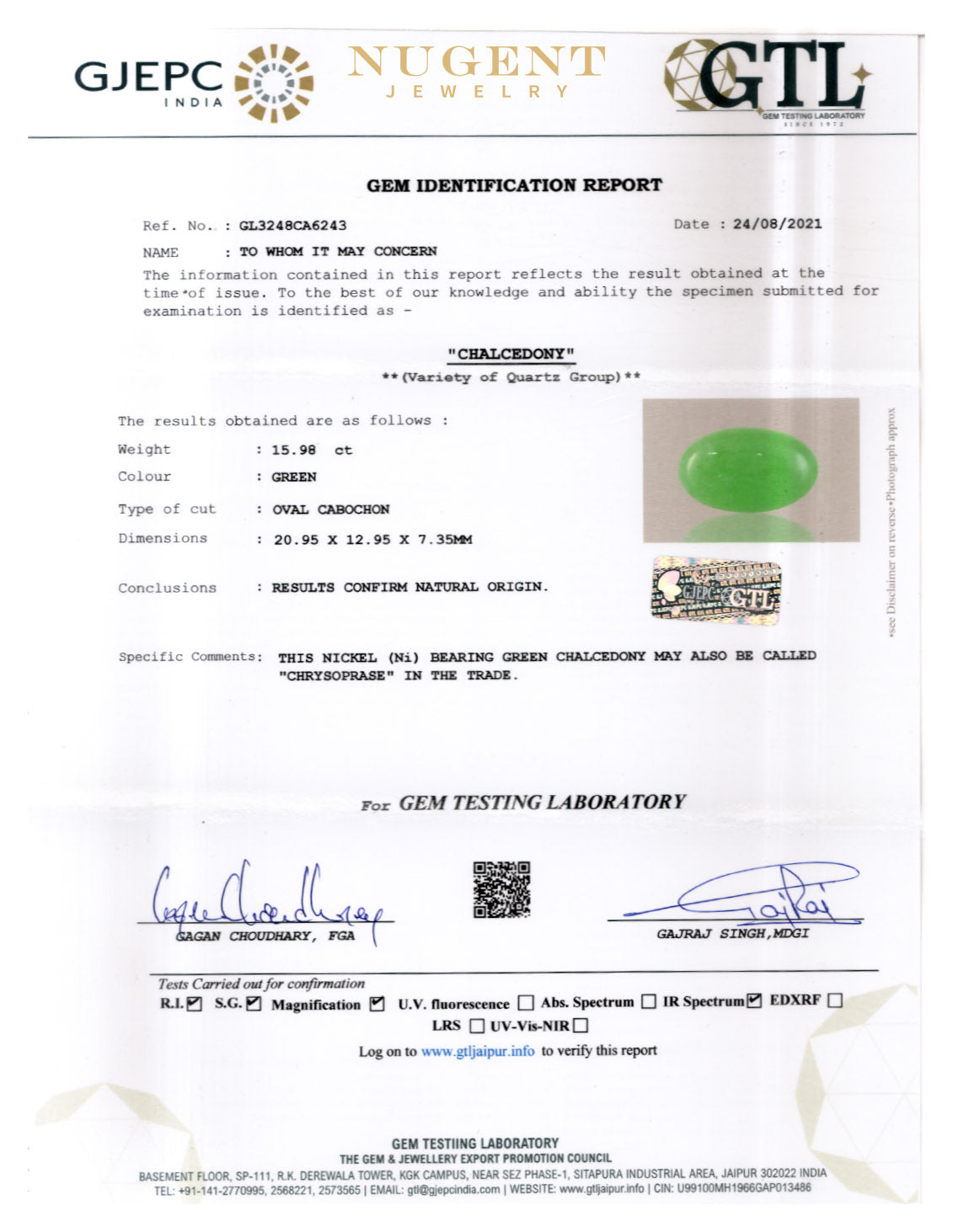 CHRYSOPRASE STONE CERTIFICATION