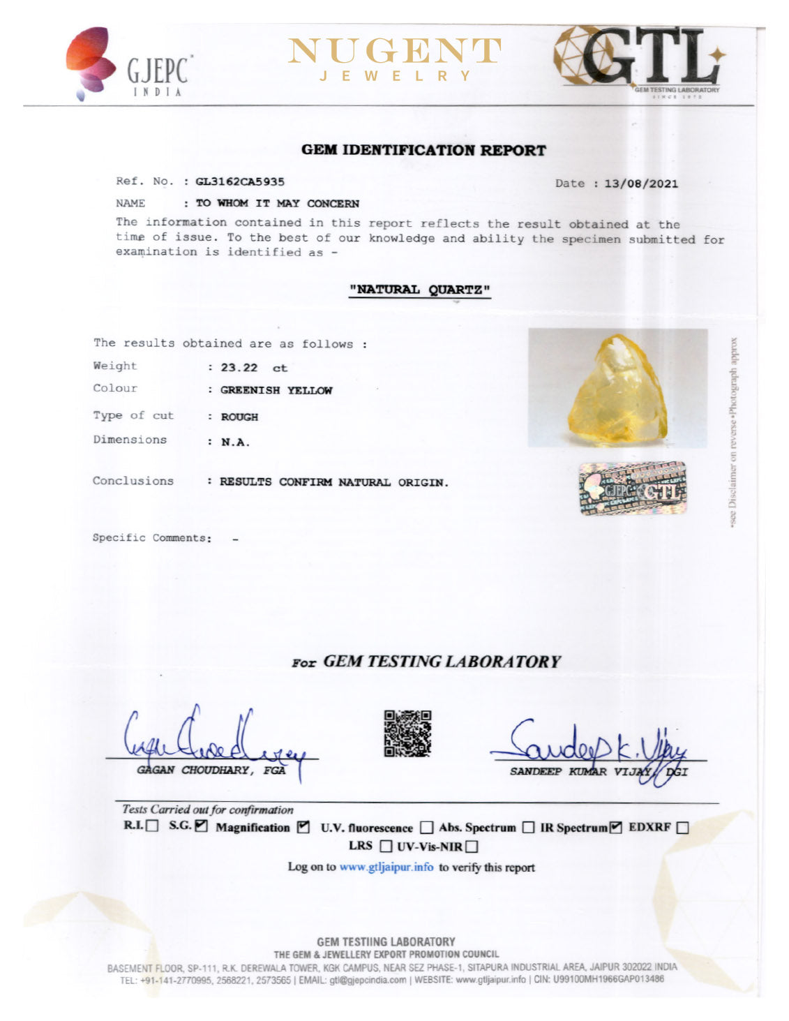 LEMON TOPAZ STONE CERTIFICATION