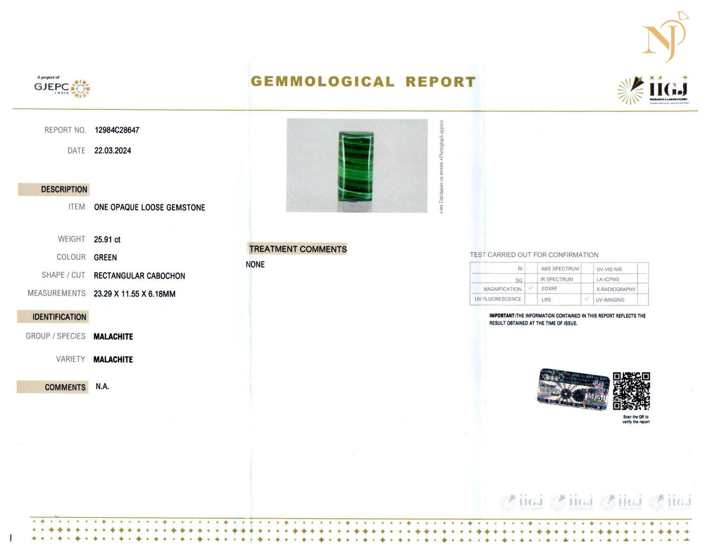 MALACHITE STONE CERTIFICATION