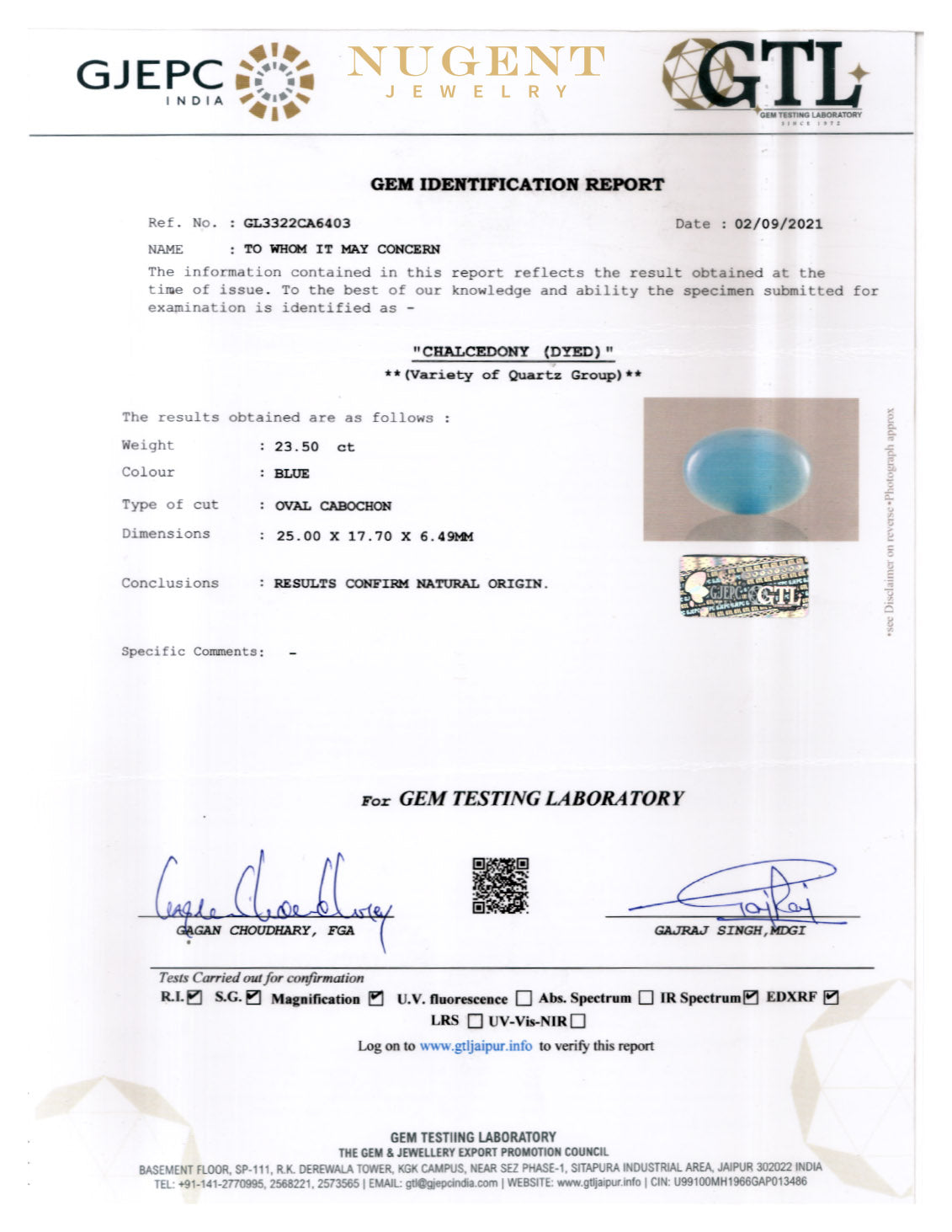 PARAIBA CHALCEDONY STONE CERTIFICATION