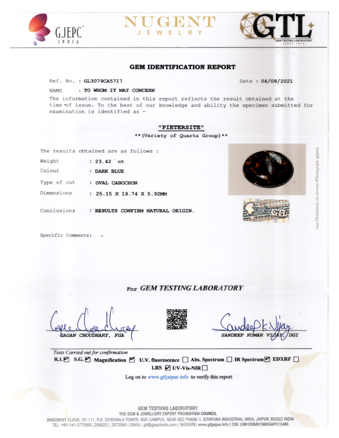 PIETERSITE STONE CERTIFICATION