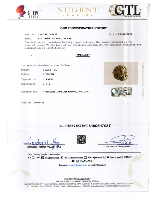 PYRITE STONE CERTIFICATION