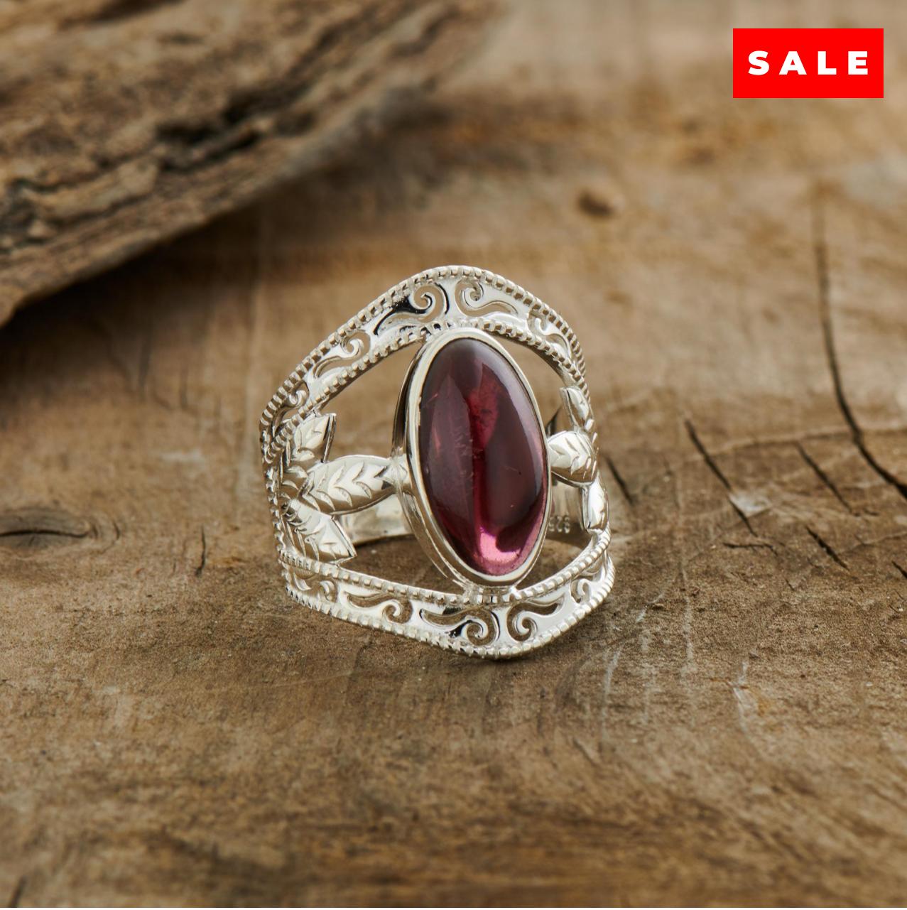 Garnet Sterling Silver Leaf Ring (35% OFF ONLINE ONLY)