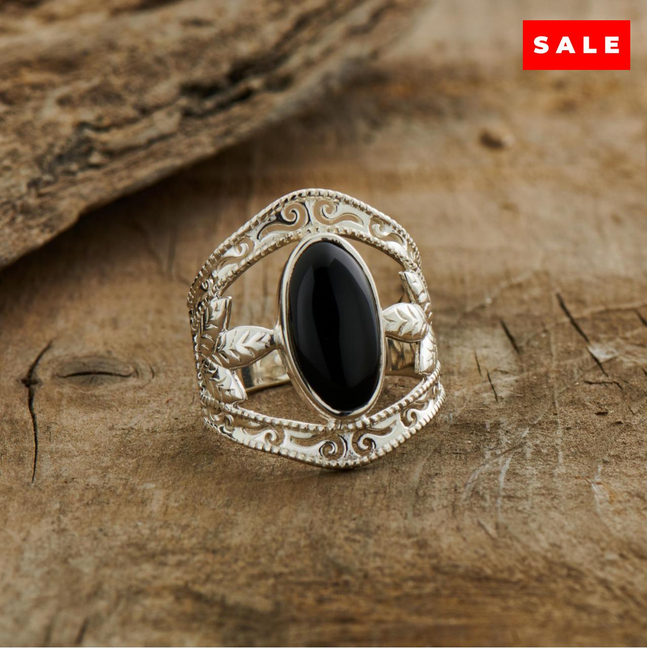 Black Onyx Sterling Silver Leaf Ring (35% OFF ONLINE ONLY)