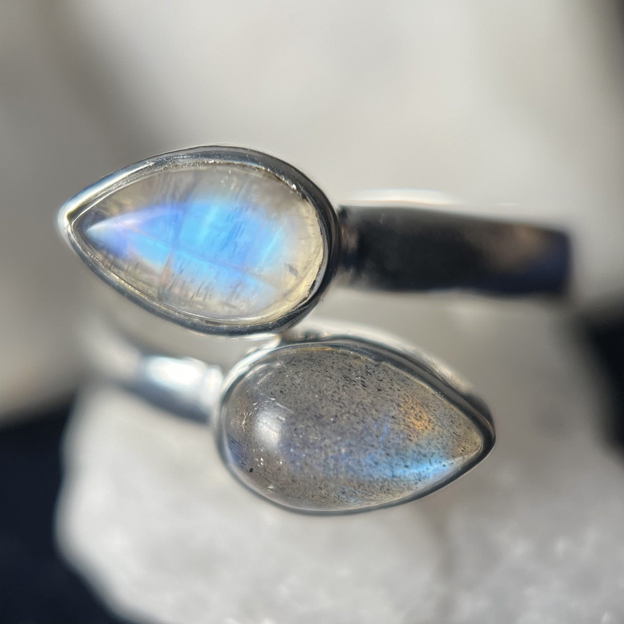 MOONSTONE WITH LABRADORITE STERLING SILVER RING