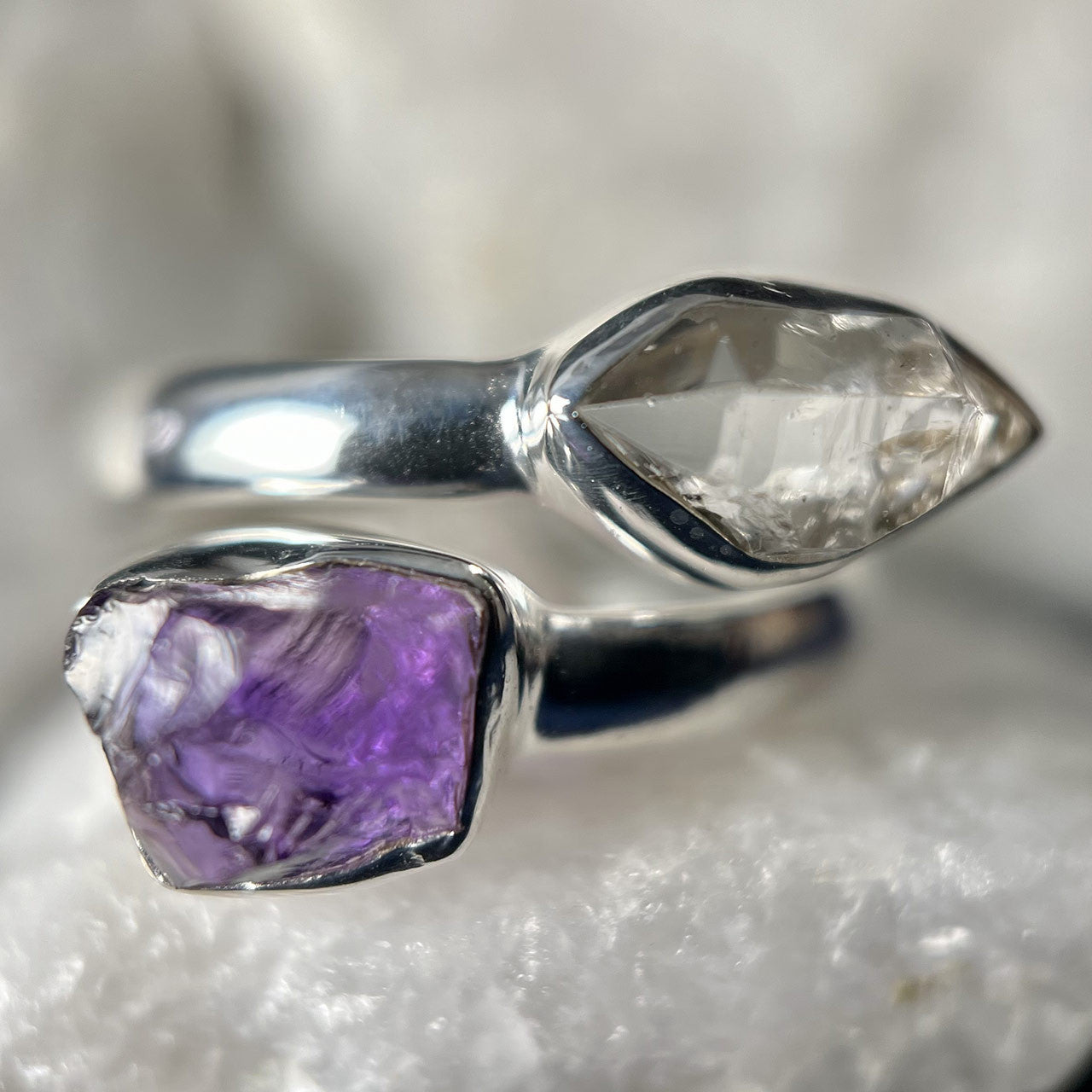 AMETHYST WITH HERKIMER DIAMOND STERLING SILVER RING