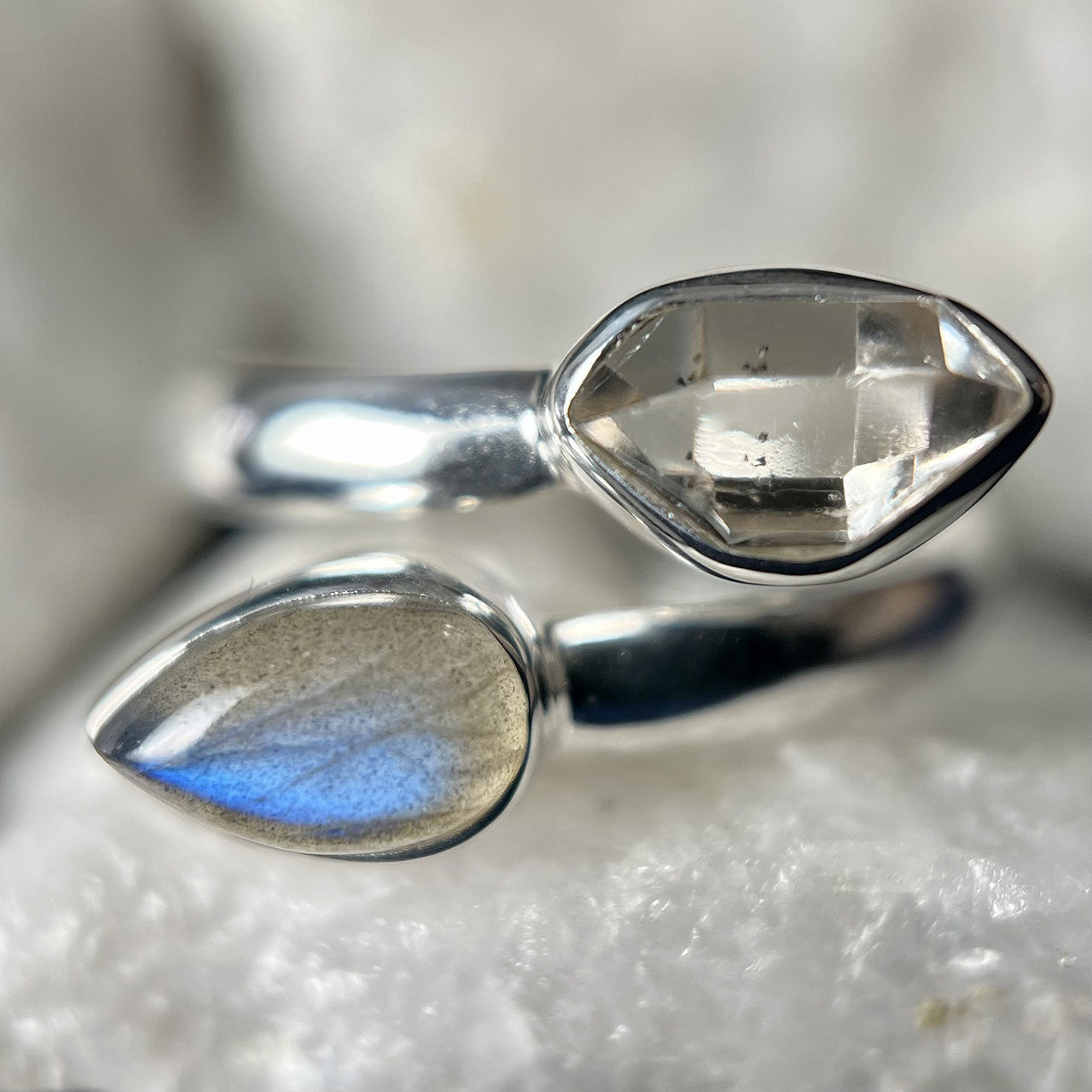 LABRADORITE WITH HERKIMER DIAMOND STERLING SILVER RING