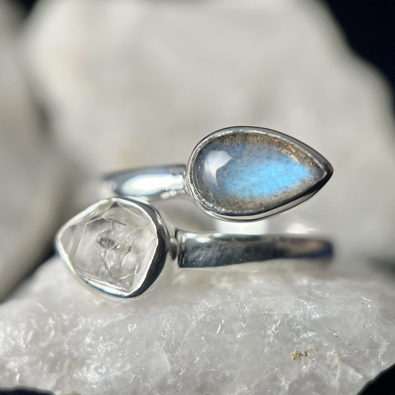 LABRADORITE WITH HERKIMER DIAMOND STERLING SILVER RING