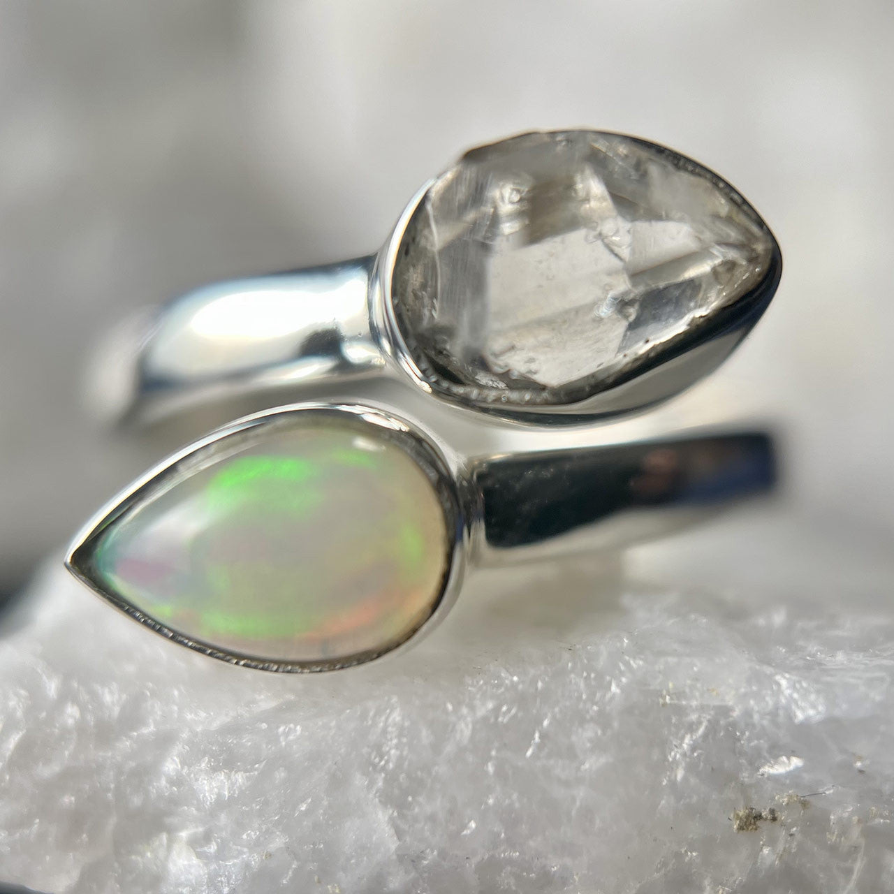 ETHIOPIAN OPAL WITH HERKIMER DIAMOND STERLING SILVER RING