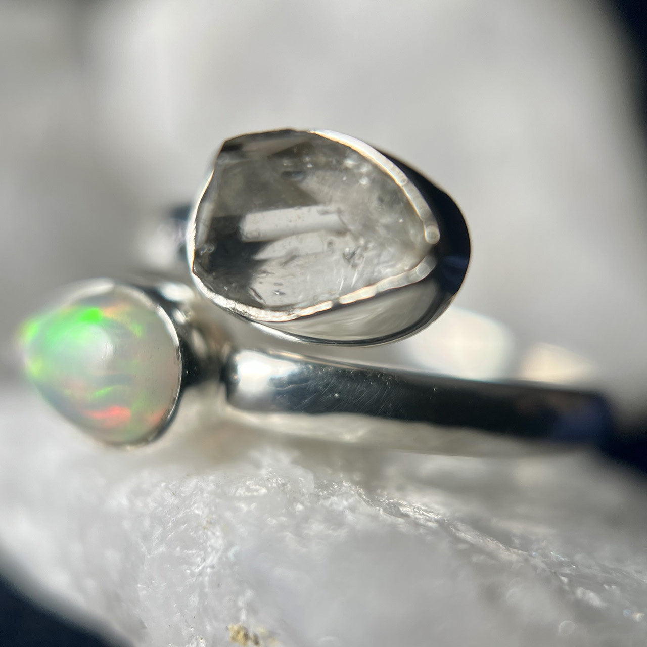 ETHIOPIAN OPAL WITH HERKIMER DIAMOND STERLING SILVER RING