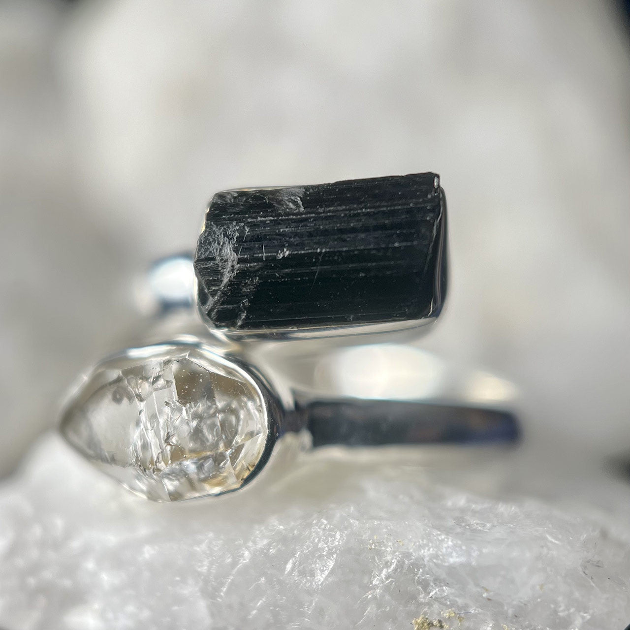 BLACK TOURMALINE WITH HERKIMER DIAMOND STERLING SILVER RING