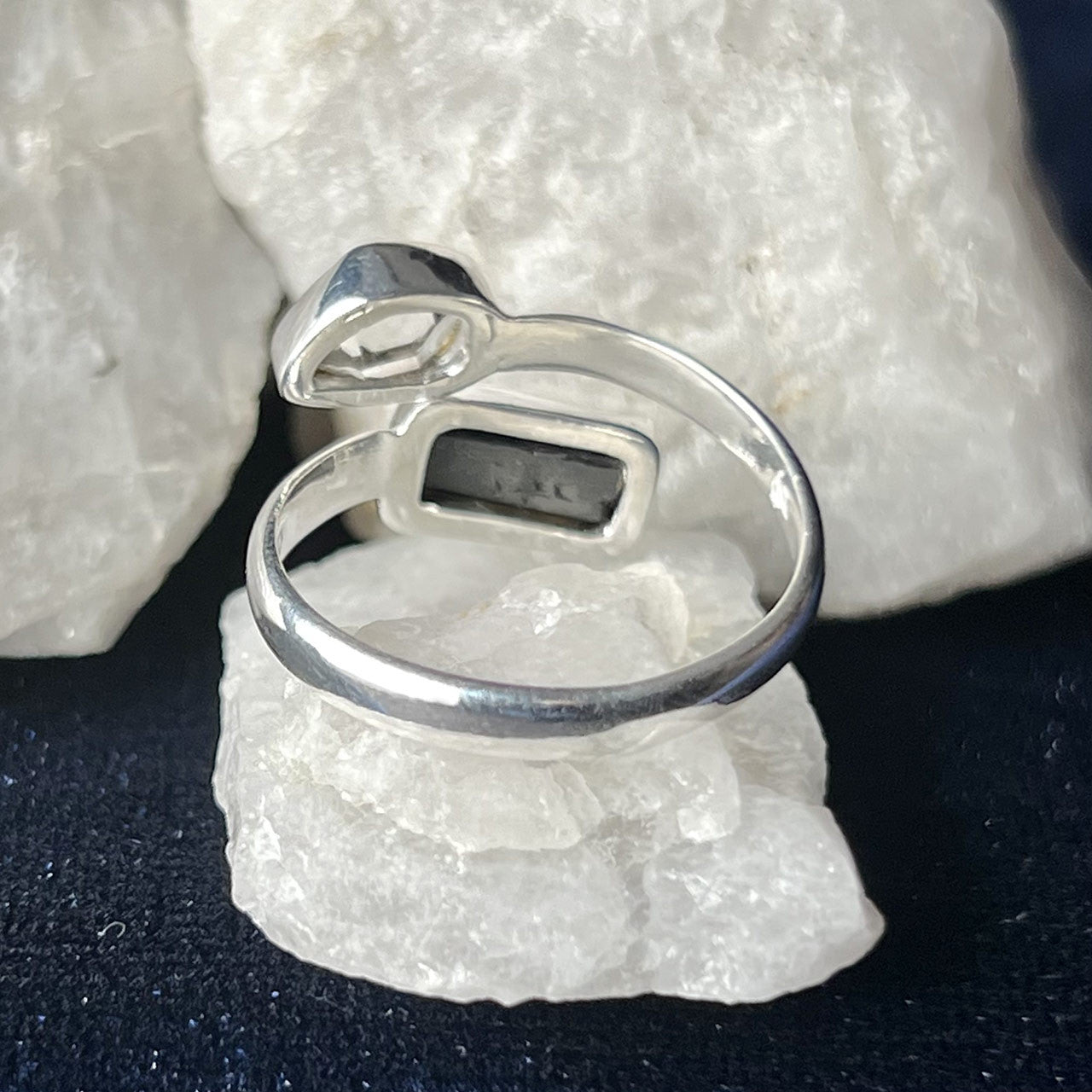 BLACK TOURMALINE WITH HERKIMER DIAMOND STERLING SILVER RING