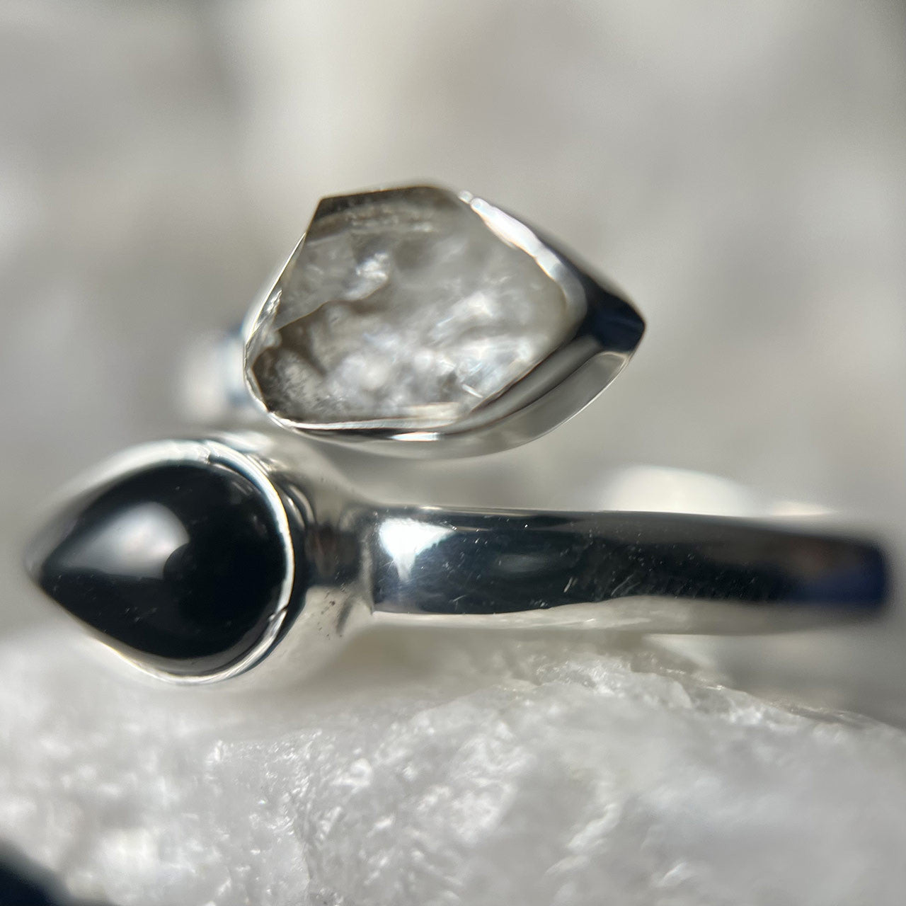 BLACK ONYX WITH HERKIMER DIAMOND  STERLING SILVER RING