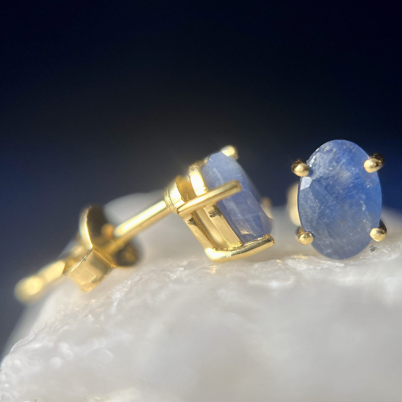 NATURAL BLUE SAPPHIRE VERMEIL YELLOW 18K OVAL 6X4 EARRINGS