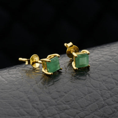 NATURAL EMERALD VERMEIL YELLOW 18K SQ 4X4 EARRINGS