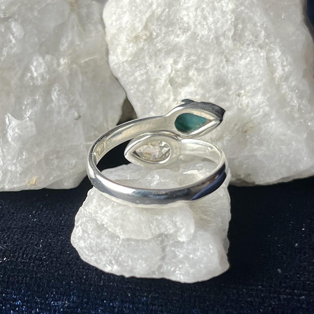 CHRYSOCOLLA WITH WITH HERKIMER DIAMOND STERLING SILVER RING