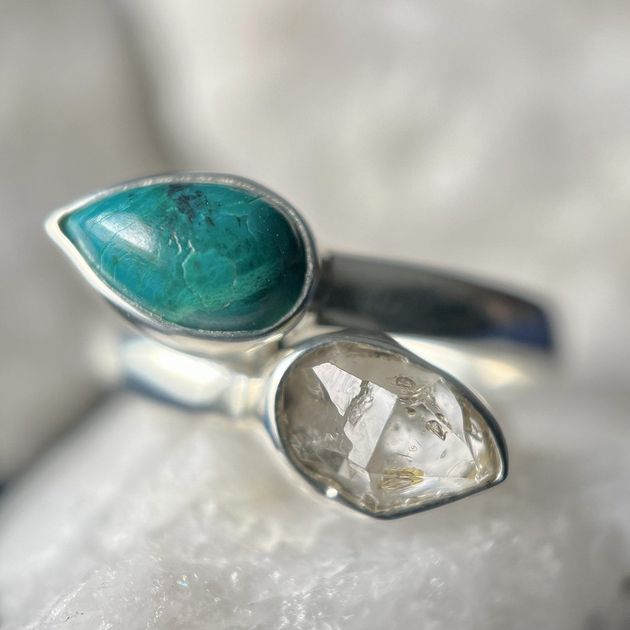 CHRYSOCOLLA WITH WITH HERKIMER DIAMOND STERLING SILVER RING