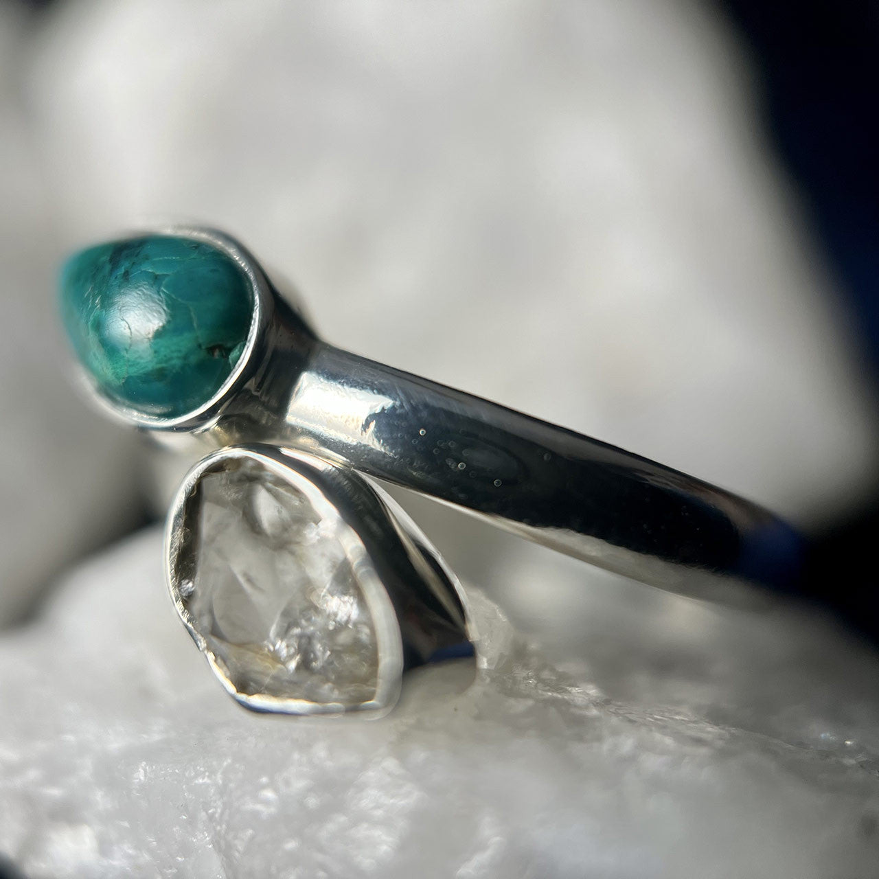 CHRYSOCOLLA WITH WITH HERKIMER DIAMOND STERLING SILVER RING