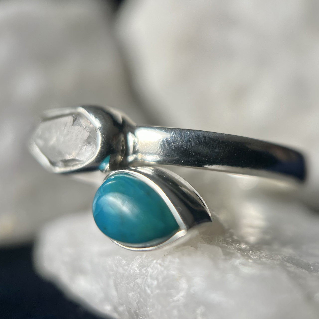 CHRYSOCOLLA WITH WITH HERKIMER DIAMOND STERLING SILVER RING