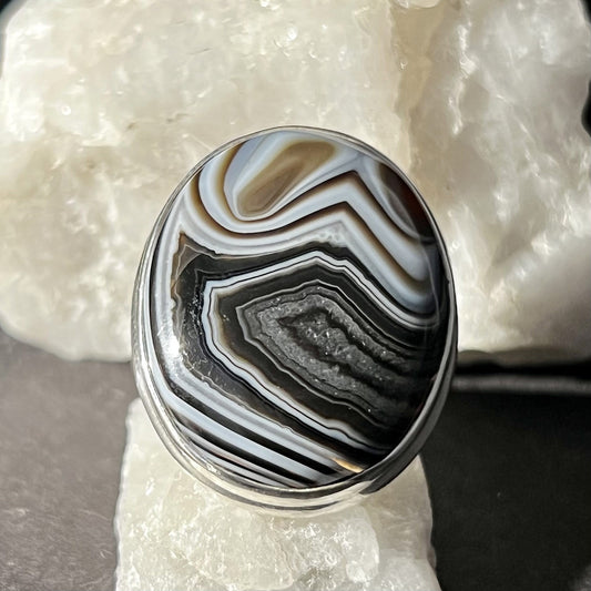 BLACK BANDED AGATE RING  STERLING SILVER
