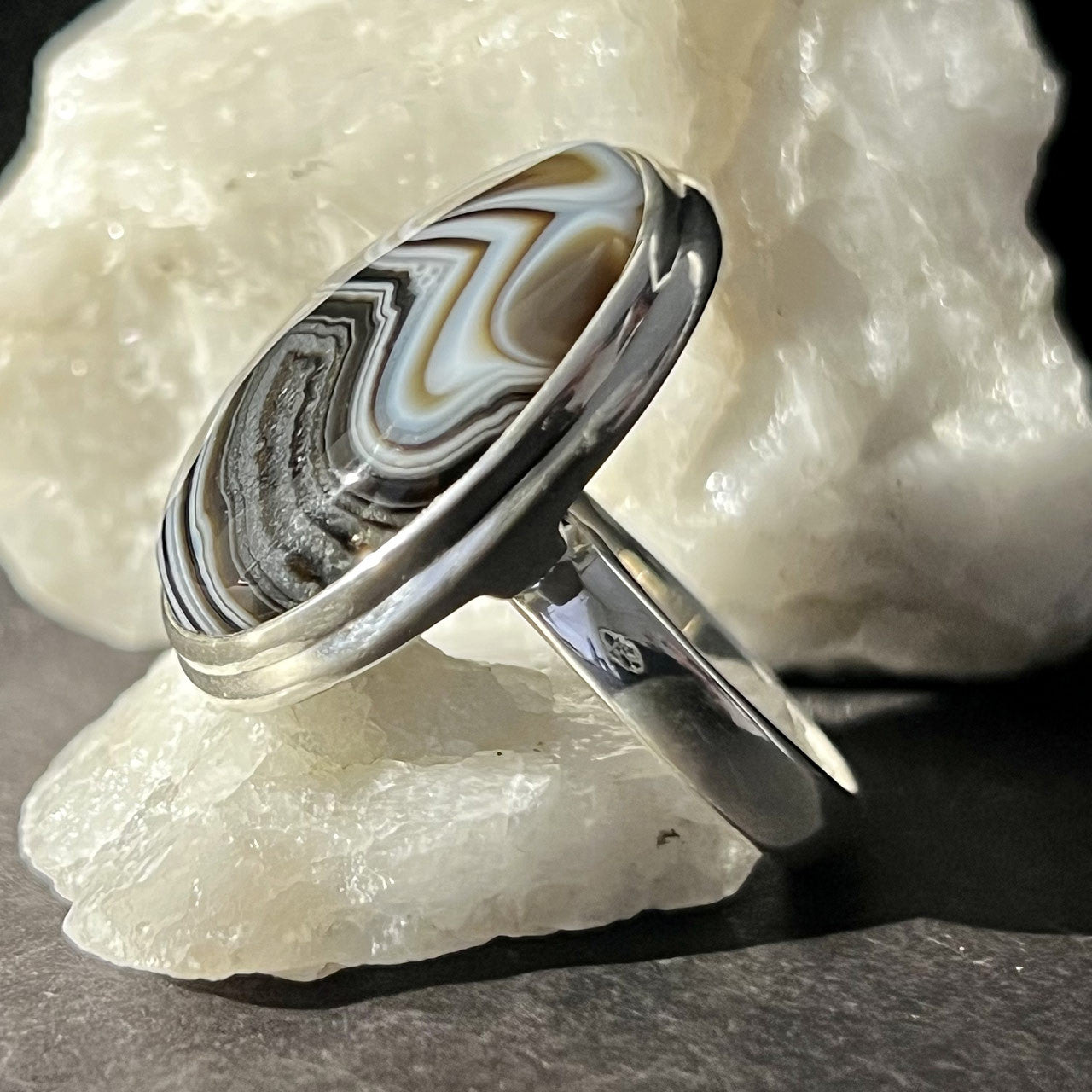 BLACK BANDED AGATE RING  STERLING SILVER