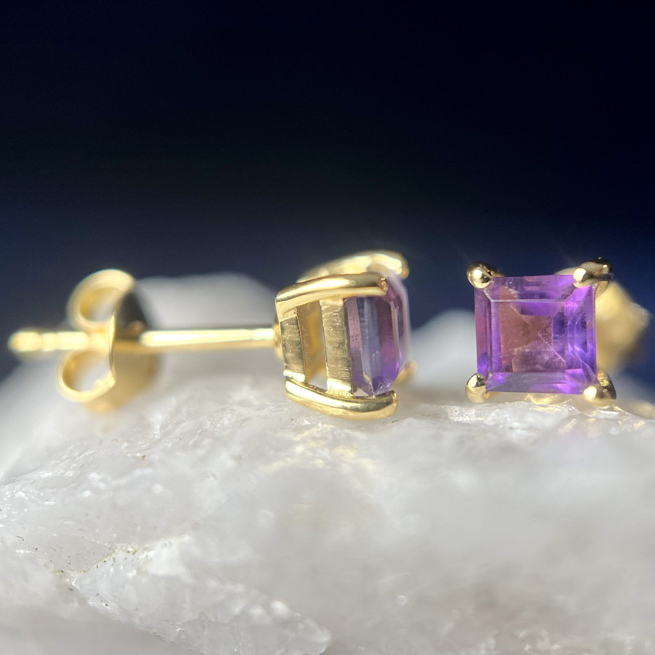 AMETHYST 18K VERMEIL GOLD STUD EARRINGS 4X4 SQ