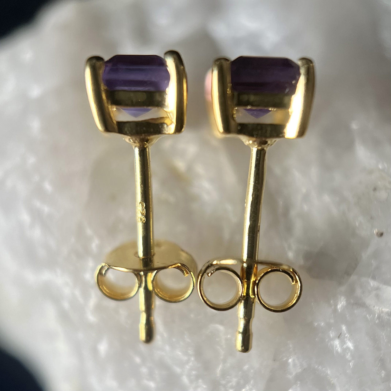 AMETHYST 18K VERMEIL GOLD STUD EARRINGS 4X6 RECTANGLE