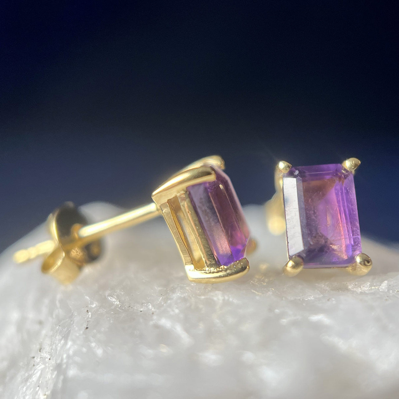 AMETHYST 18K VERMEIL GOLD STUD EARRINGS 4X6 RECTANGLE