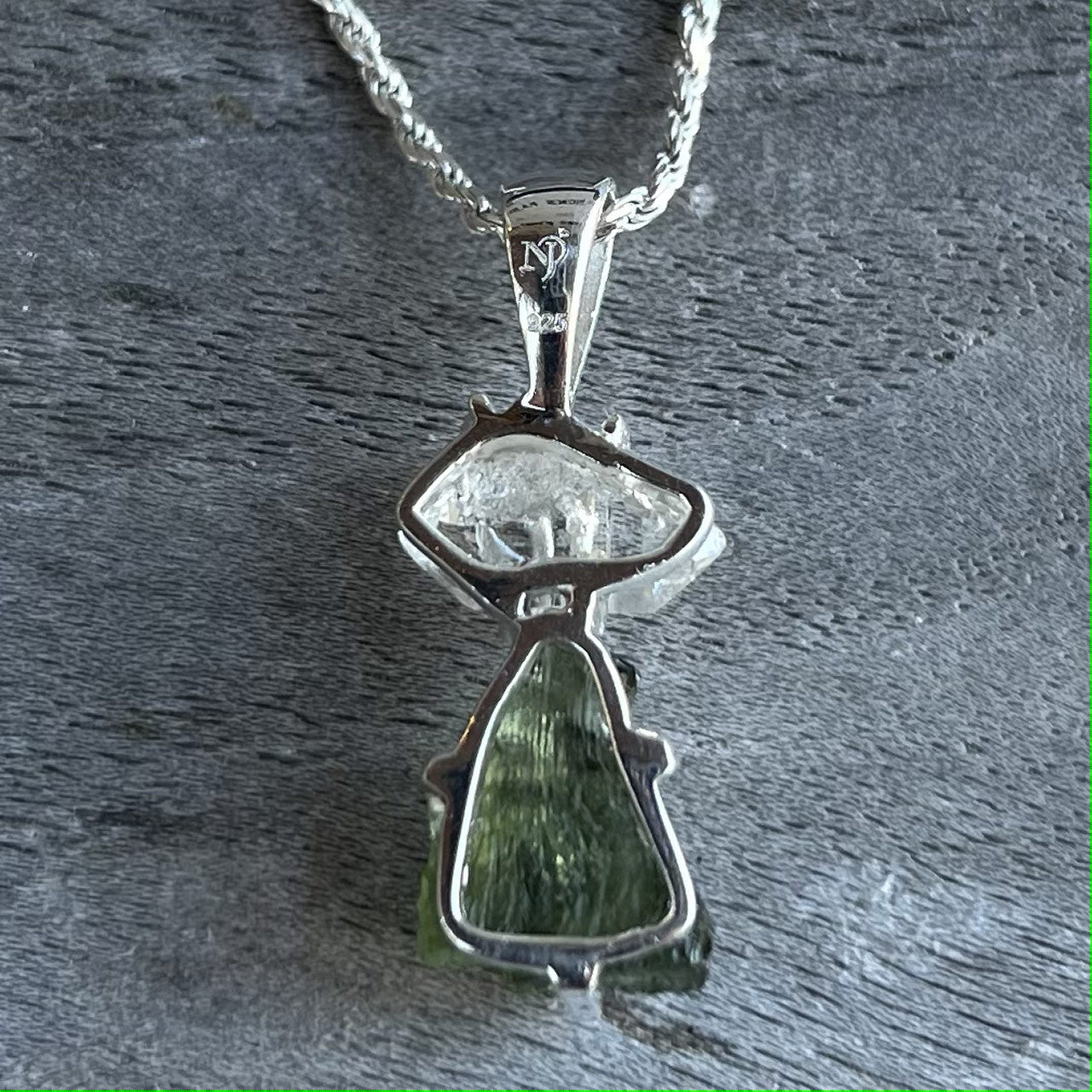 MOLDAVITE WITH HERKIMER DIAMOND PENDANT