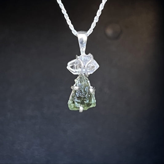 MOLDAVITE WITH HERKIMER DIAMOND PENDANT