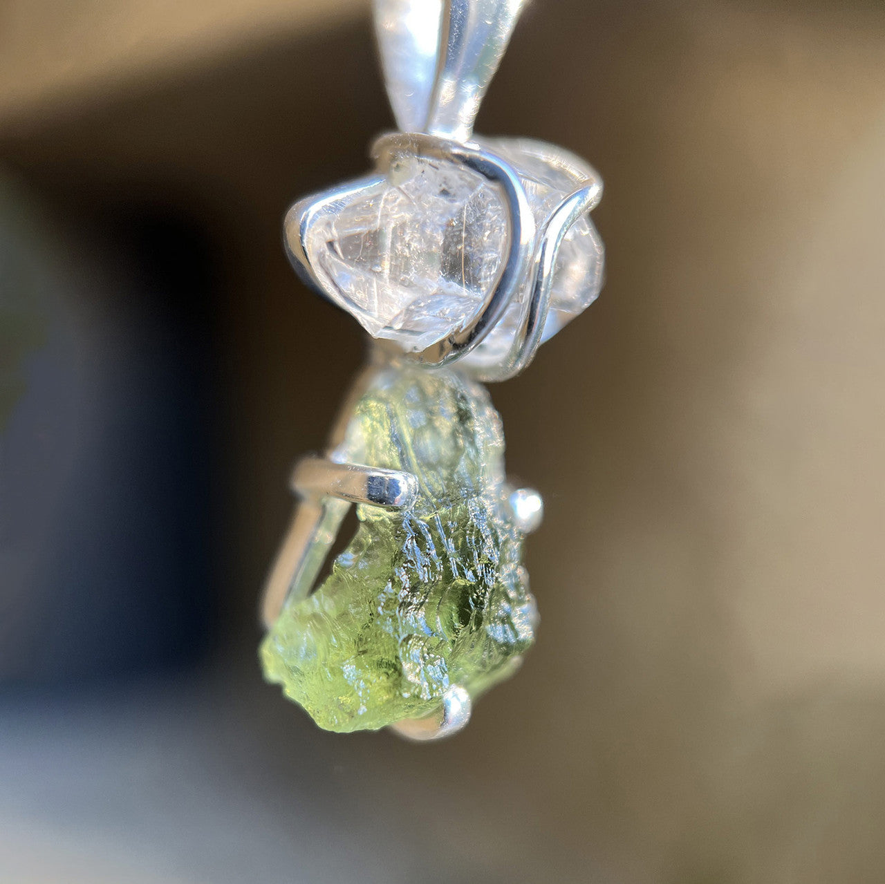 MOLDAVITE WITH HERKIMER DIAMOND PENDANT