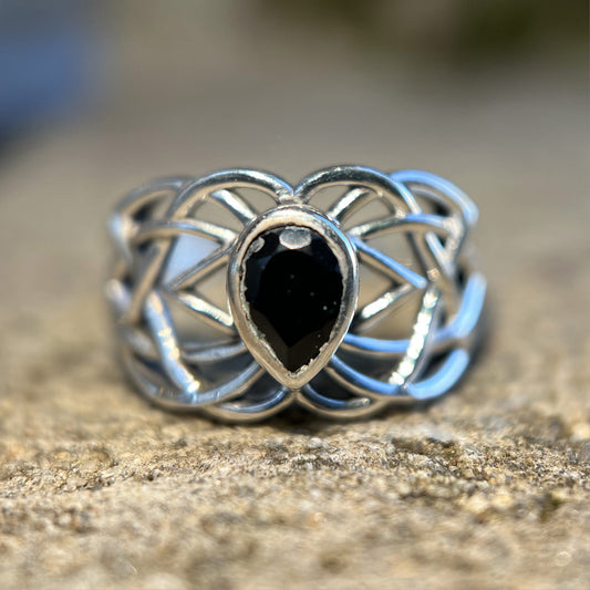 BLACK ONYX CELTIC RING STERLING SILVER