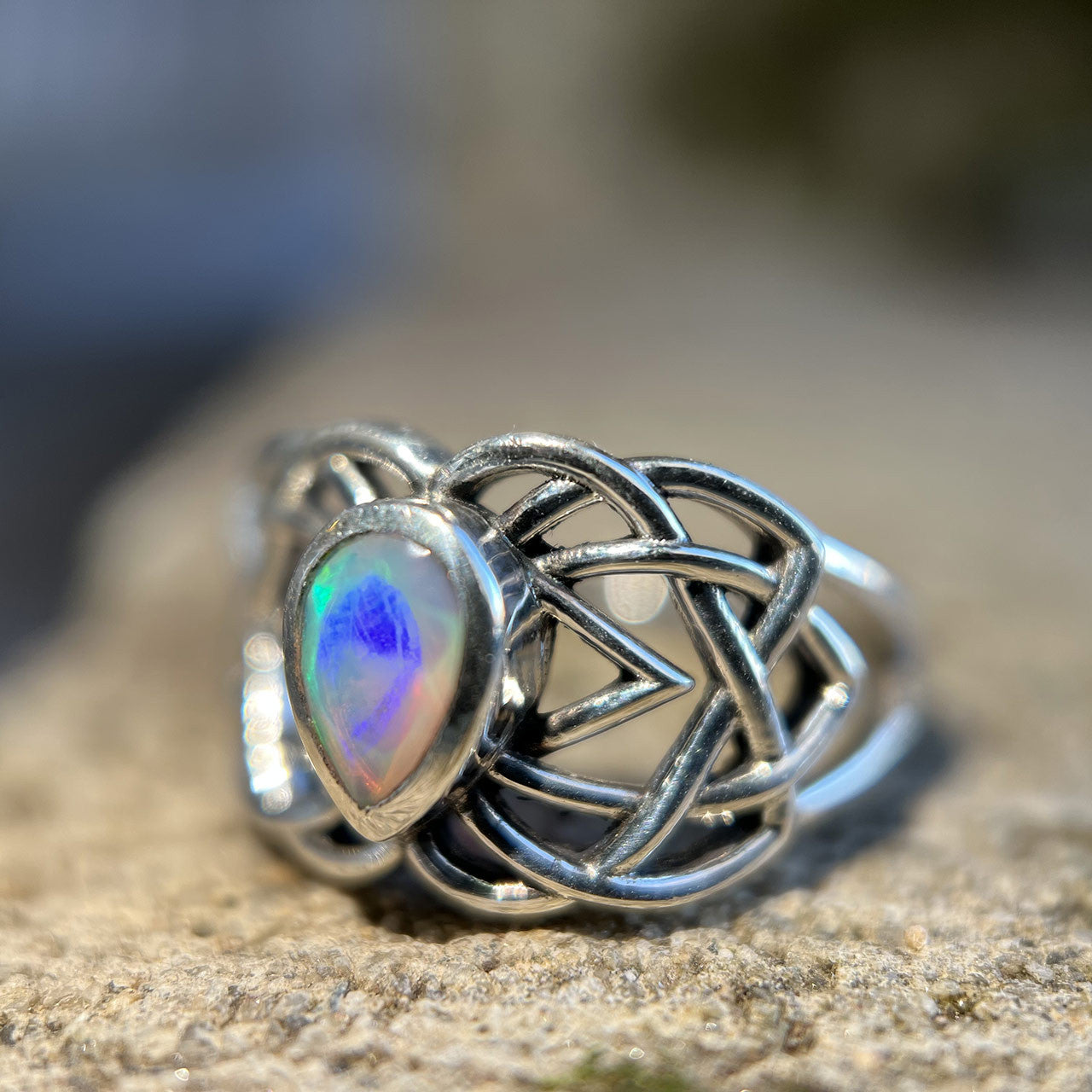 ETHIOPIAN OPAL CELTIC RING STERLING SILVER