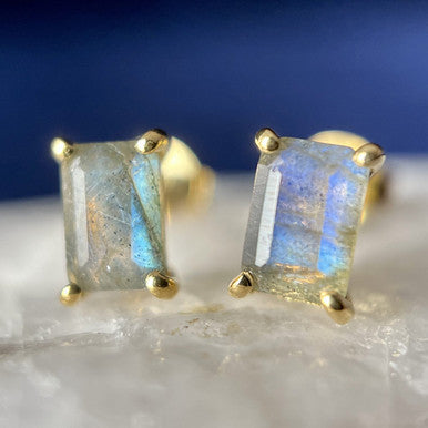 LABRADORITE 18K VERMEIL GOLD STUD EARRINGS RECTANGLE