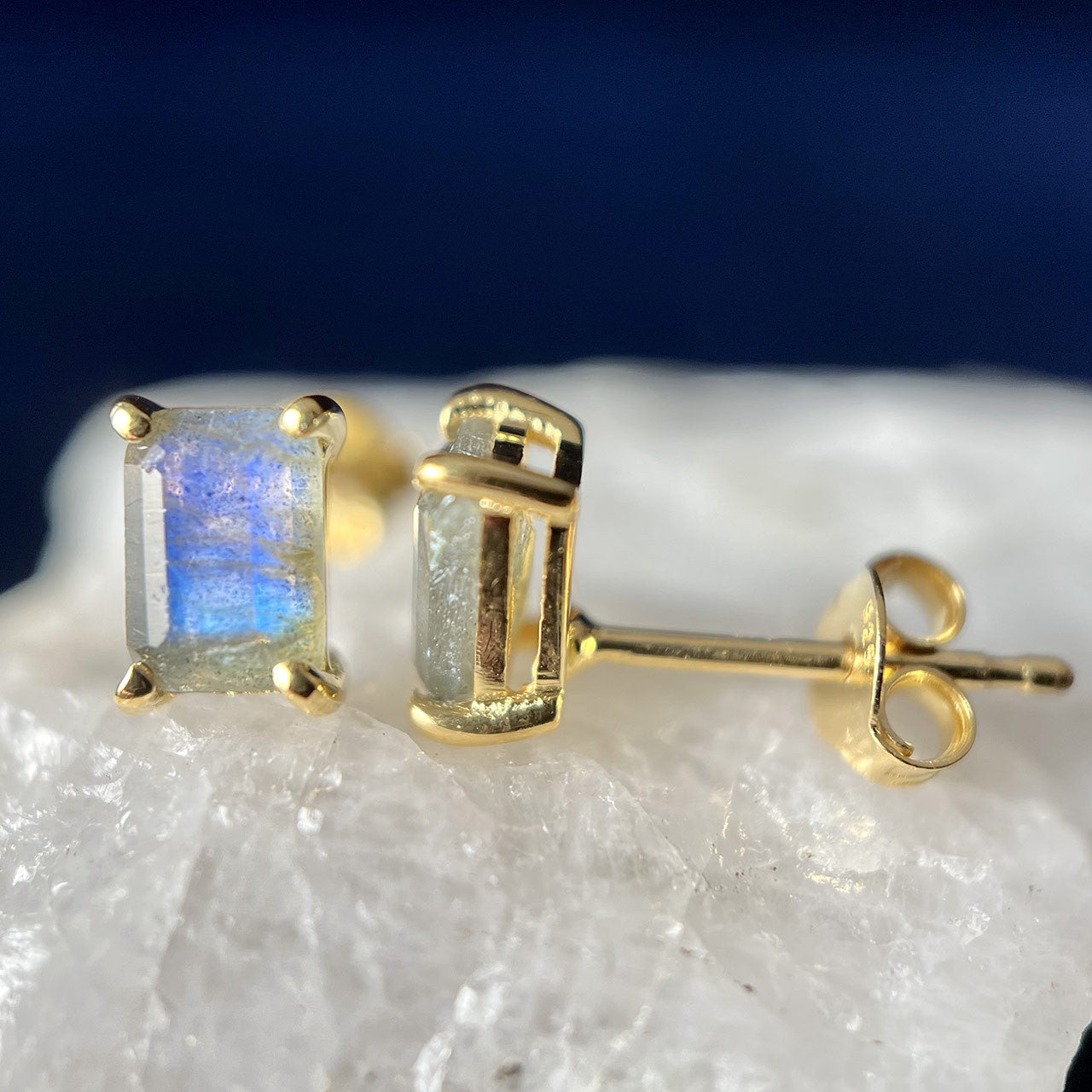 LABRADORITE 18K VERMEIL GOLD STUD EARRINGS RECTANGLE