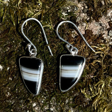 BLACK BANDED AGATE STERLING SILVER DANGLE EARRINGS