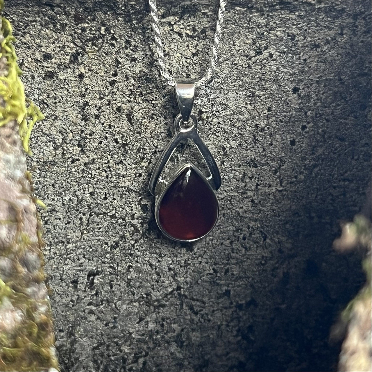 HESSONITE GARNET WISHBONE PENDANT STERLING SILVER