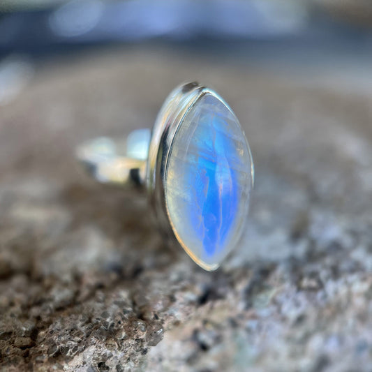 BLUE FIRE MOONSTONE RING STERLING SILVER